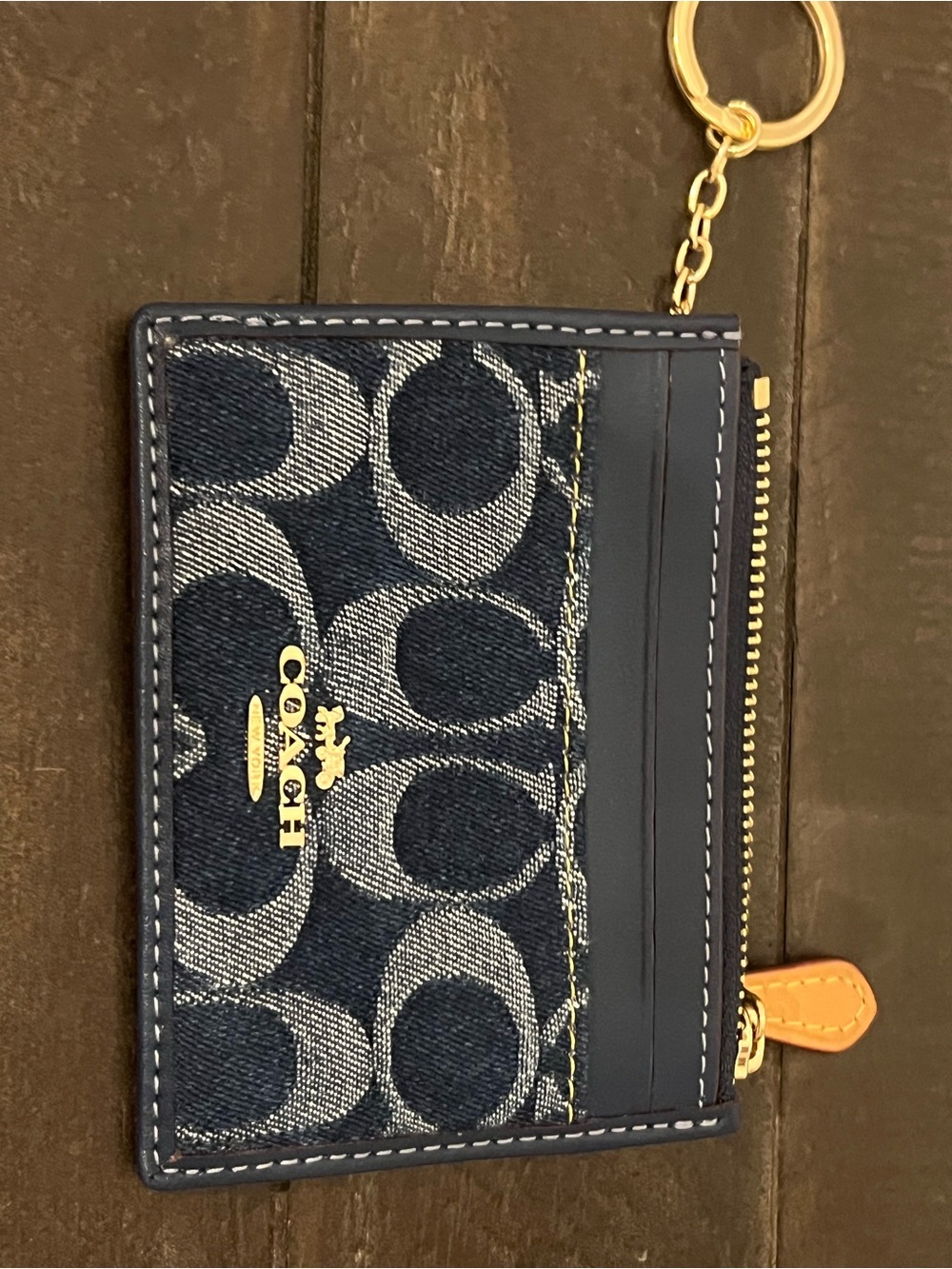 Coach Navy Denim Card Case Keychain with Gold Hardware